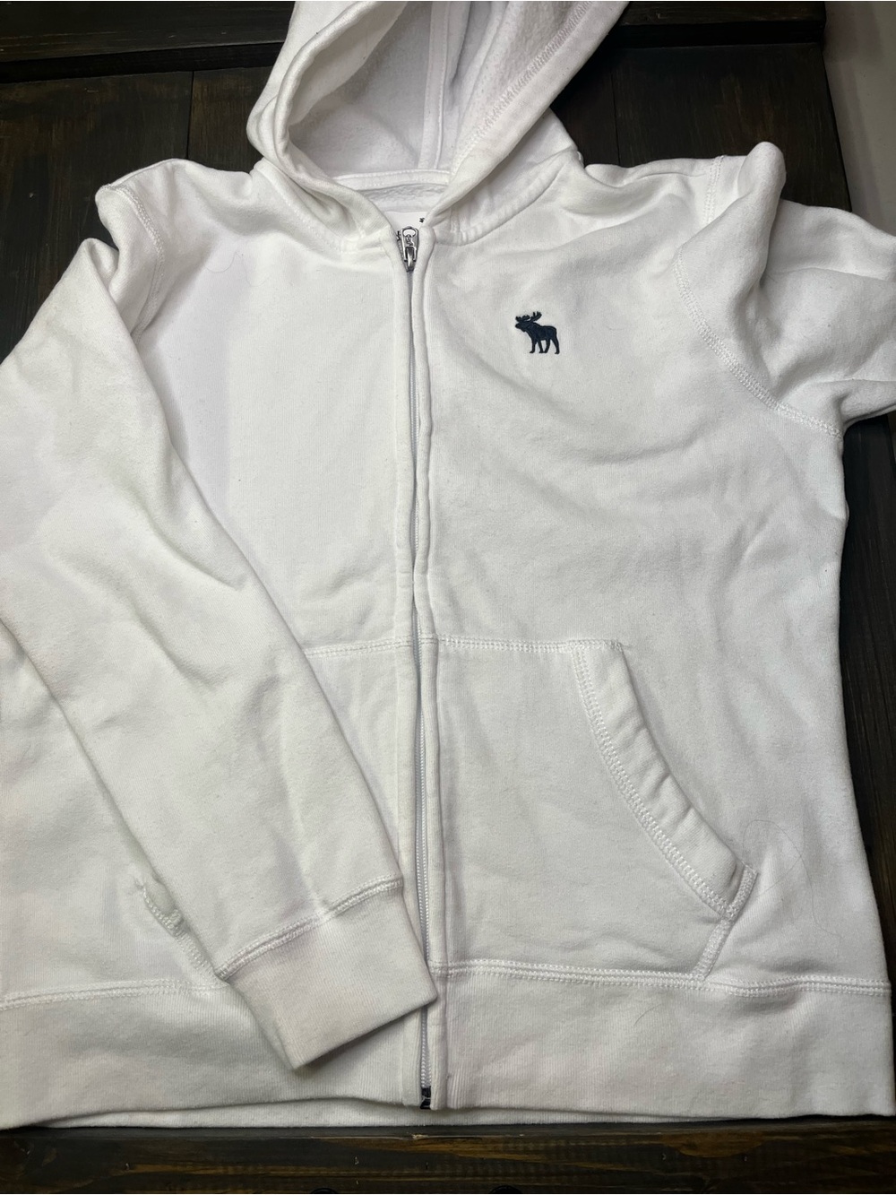 abercrombie kids White Zip Hoodie with Navy Moose Logo